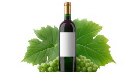 A dark wine bottle with a blank label near fresh grapes, AI, PNG