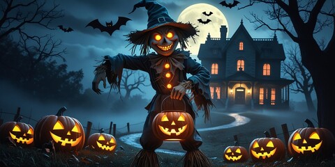 Creepy Halloween Scarecrow with Glowing Pumpkins