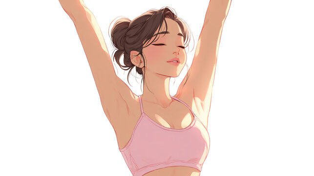 Relaxed girl stretching arms in sports bra on transparent background