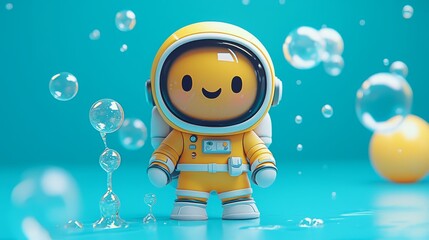 Whimsical space scene featuring a happy astronaut in bubbles.