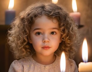 Ultra-realistic artistic close-up of a 3-year-old girl with soft curly hair lit by warm candlelight