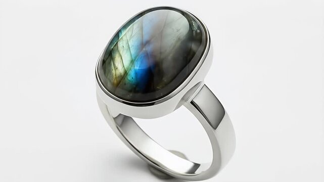 Elegant Oval Labradorite Gemstone Ring in Silver Setting.