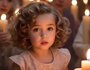 Ultra-realistic artistic close-up of a 3-year-old girl with soft curly hair lit by warm candlelight