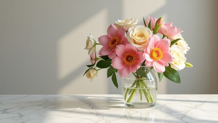 Fototapeta premium Fresh flowers in a crystal vase on marble.