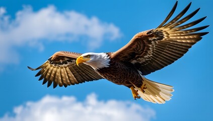 Obraz premium Bald eagle soaring in blue sky with wings spread wide, detailed feathers