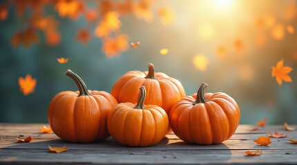 Autumn pumpkins on rustic wooden table surrounded by autumn leaves in golden sunlight. Seasonal harvest and fall concept