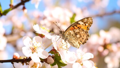 Butterfly on blossoming spring tree