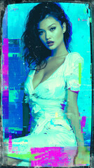 An edgy image blending glamour and digital distortion, showcasing a strong female figure with a captivating stare.