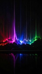 Abstract aurora borealis lights over mountains with water reflection at night scene