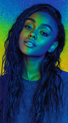 A cheerful young woman radiating positivity with a vibrant smile, seamlessly blending into a colorful abstract backdrop.