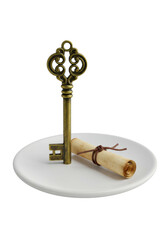 Brass skeleton key, filigree, aged patina, vertical. Rolled parchment, leather tied, on white ceramic plate, transparent background, quiet intrigue concept.