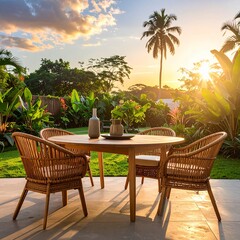 Obraz premium Patio trasero con mesa de comedor al aire libre, sillas de ratán, plantas tropicales, luz de atardecer, ambiente relajado y hogareño