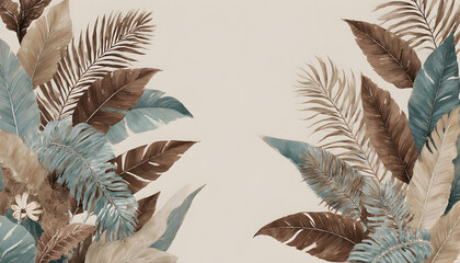 Tropical Leaves Wall Art with Brown and Blue Foliage Natural Botanical Decor