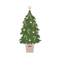 Christmas tree. Xmas fir, festive spruce in bucket, pot. Winter holiday firtree with candy cane and baubles decoration, star topper, ornaments. Flat vector illustration isolated on white background