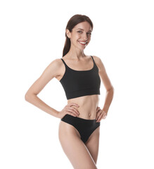 Woman with slim body on white background