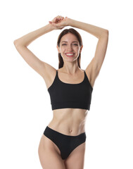 Woman with slim body on white background