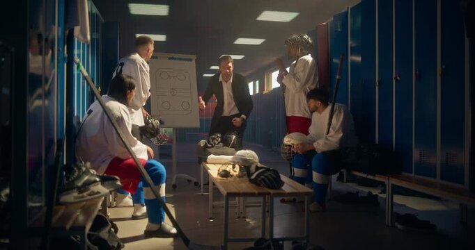 Team of Young Ice Hockey Players Sitting on Benches in the Locker Room While Their Coach Uses a Whiteboard to Demonstrate Offensive and Defensive Formations. Group Studies the Gameplay Plan
