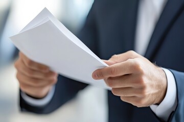 Professional hands in a dark suit holding multiple blank white documents, emphasizing paperwork and review in a corporate setting.