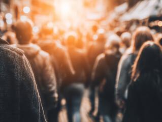 Obraz premium A blurred view of a diverse crowd of people walking along a busy city street with a warm, golden sunlight filte through the buildings at sunset.
