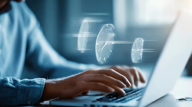 Close-up of hands typing on a laptop with holographic clocks streaking in the foreground, cool blue office blur in the background, concept of time management and productivity