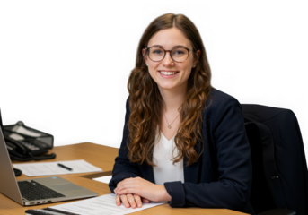 Smiling businesswoman with glasses working at her desk isolated on transparent background