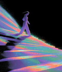 A figure gracefully walks through a vibrant cosmic spectrum, embodying tranquility and exploration in an abstract landscape.