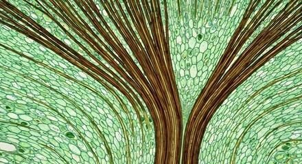 Intricate microscopic view showcasing the complex vascular tissue and cellular arrangement within a plant, highlighting botanical organization and vital biological processes