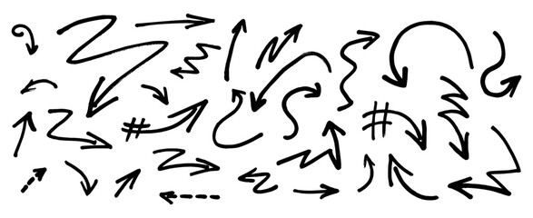 Graffiti arrow set in vector style black strokes made with ink or chalk, paintbrush, crayon and charcoal. Bold comic drawing collection of comic drawing elements for street graffity collage