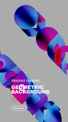 Vibrant abstract shapes overlap, creating dynamic composition. Colors blendblues, pinks, purplesover gray background. Modern design elements present geometric style.