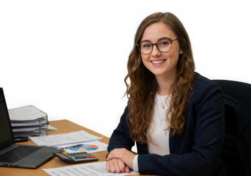 Smiling businesswoman with glasses working at her desk isolated on transparent background