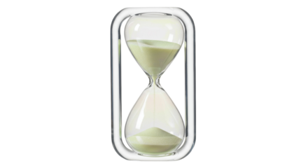 Elegant hourglass with light green sand isolated on transparent background, time management concept for deadlines and productivity