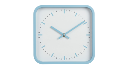Light blue square wall clock isolated on transparent background, minimalist design timekeeping device for home decor