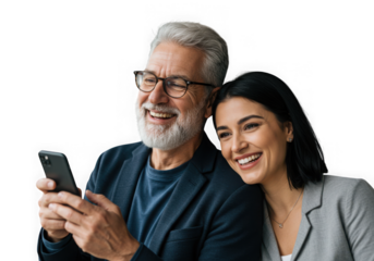 Joyful senior man and young woman using a smartphone isolated on transparent background