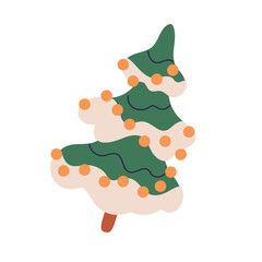 Christmas tree. Xmas fir, winter holiday spruce with snow and festive light garland, ball baubles. New Year decoration, plant with ornaments. Flat vector illustration isolated on white background