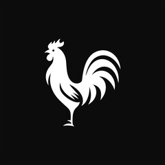 White rooster silhouette vector logo on black, elegant farm animal design for organic food labels and rustic branding.