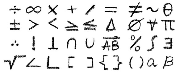 Vector collection of mathematical icons with algebra signs, triangle, cross, and intersection symbols. Artistic pastel spray effect with paint texture for school board study illustration set.
