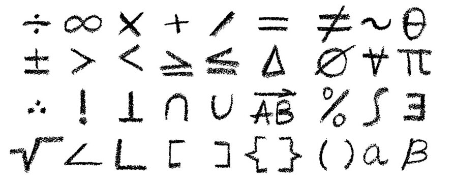 Vector collection of mathematical icons with algebra signs, triangle, cross, and intersection symbols. Artistic pastel spray effect with paint texture for school board study illustration set.