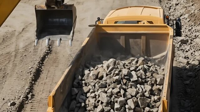 Excavator Loading Rocks into Dump Truck at Construction Site.