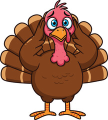 Cartoon turkey character surprised expression, funny thanksgiving bird illustration, festive poultry mascot design, holiday humor clipart, farm animal artwork, seasonal celebration drawing