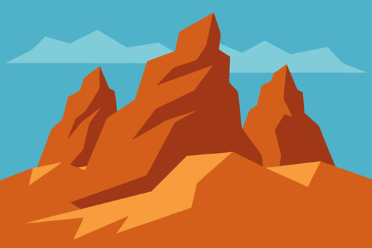 Stylized geometric desert landscape with orange rock formations and blue sky