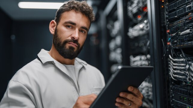Data center operations manager oversees system performance while using a tablet in a technology facility
