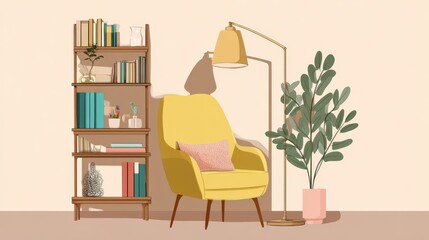 Cozy reading nook with yellow armchair and bookshelf