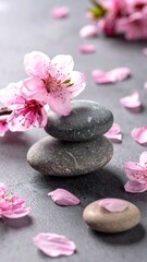 Stacked stones with pink blossom, balanced, zen aesthetic