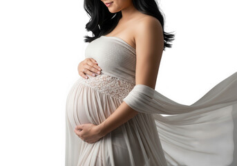 Pregnant woman in white dress isolated on transparent background
