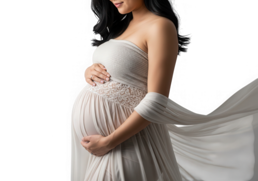 Pregnant woman in white dress isolated on transparent background - Powered by Adobe