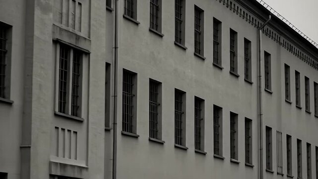 Exterior View of a Historic Building with Rows of Windows.