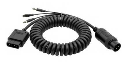 Black coiled cable with connectors isolated on transparent background