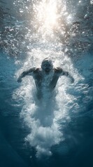 Elite Swimmer Performing Butterfly Stroke in Explosive Motion, Splash Trails and Light Streaks, Cinematic Lighting, Vibrant Colors, High Detail for Sports Advertising Concept
