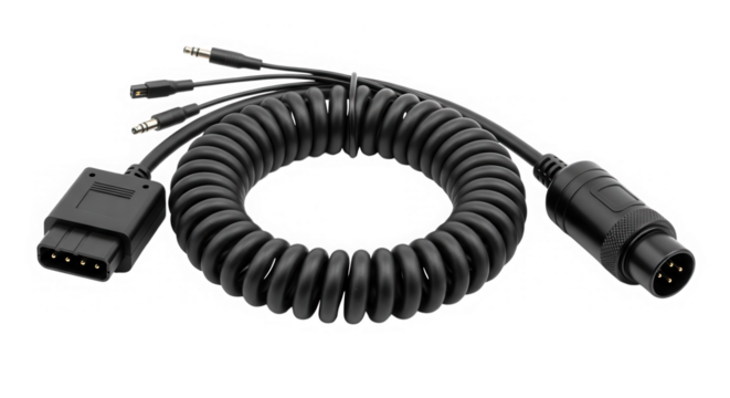 Black coiled cable with connectors isolated on transparent background