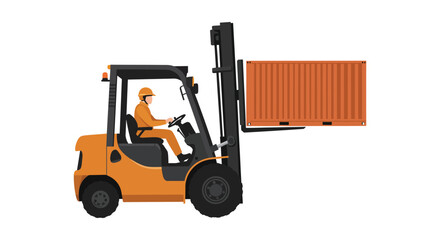 Forklift lifting a shipping container worker in orange helmet visible